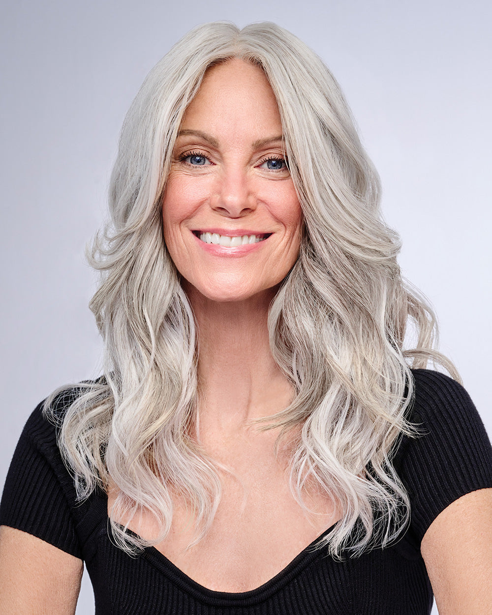 16" AU NATUREL WAVES TOPPER in color R56/60 SILVER MIST | Lightest Gray with 20% Medium Brown Evenly Blended with Pure White