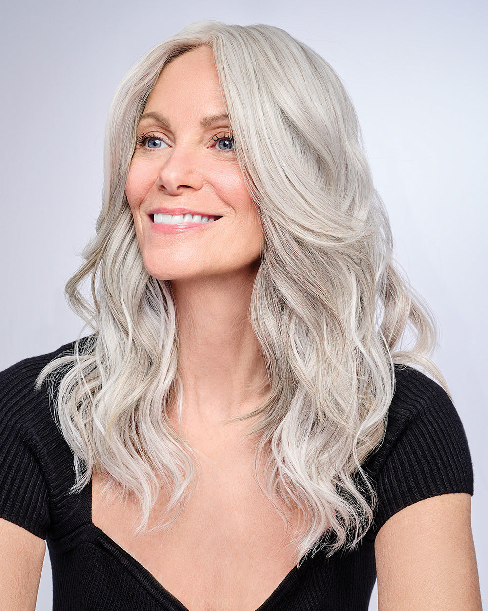 16" AU NATUREL WAVES TOPPER in color R56/60 SILVER MIST | Lightest Gray with 20% Medium Brown Evenly Blended with Pure White