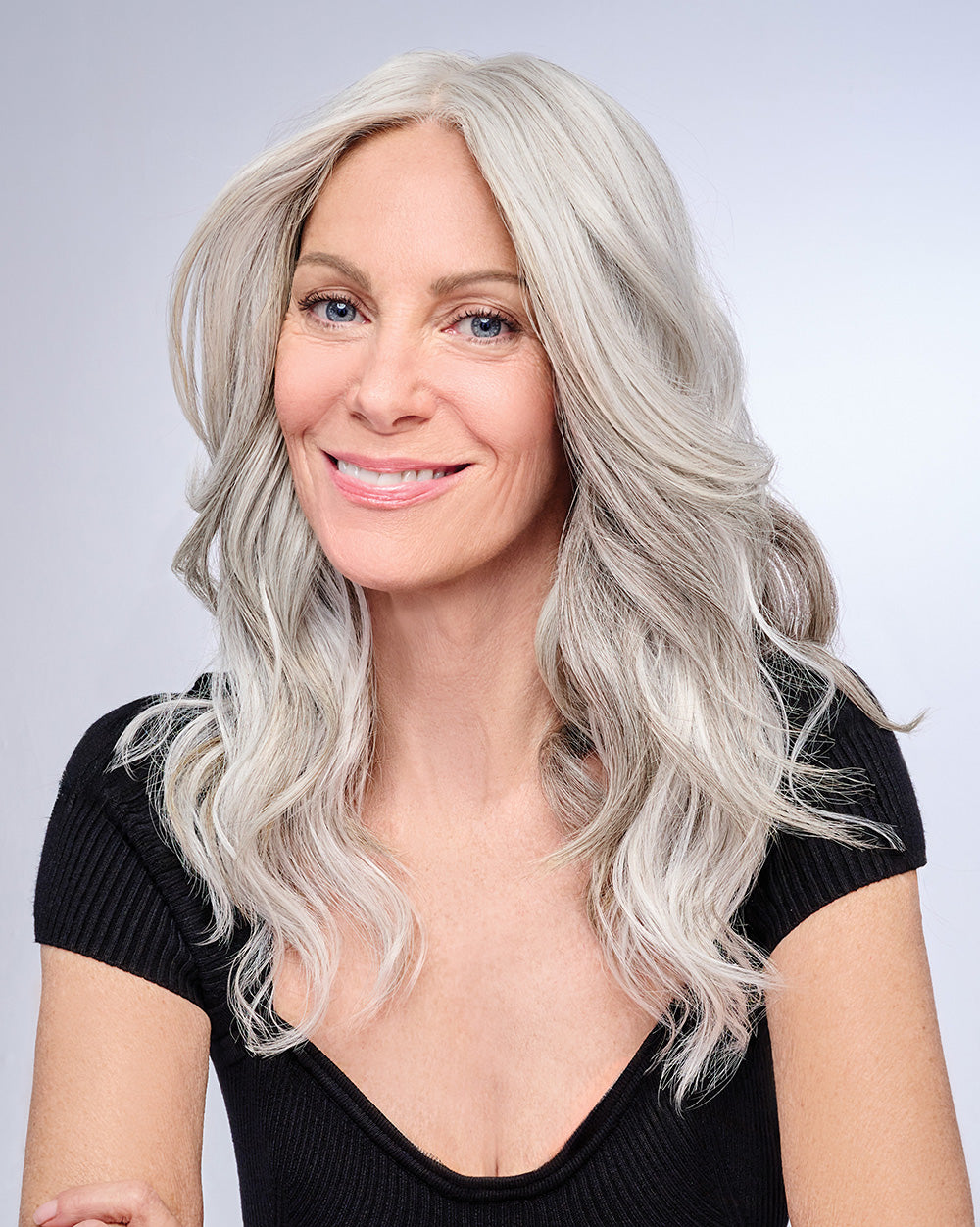 16" AU NATUREL WAVES TOPPER in color R56/60 SILVER MIST | Lightest Gray with 20% Medium Brown Evenly Blended with Pure White