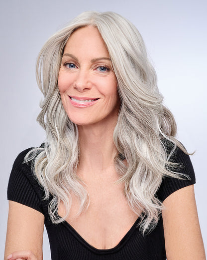 16" AU NATUREL WAVES TOPPER in color R56/60 SILVER MIST | Lightest Gray with 20% Medium Brown Evenly Blended with Pure White