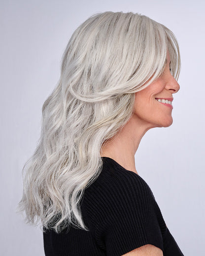 16" AU NATUREL WAVES TOPPER in color R56/60 SILVER MIST | Lightest Gray with 20% Medium Brown Evenly Blended with Pure White