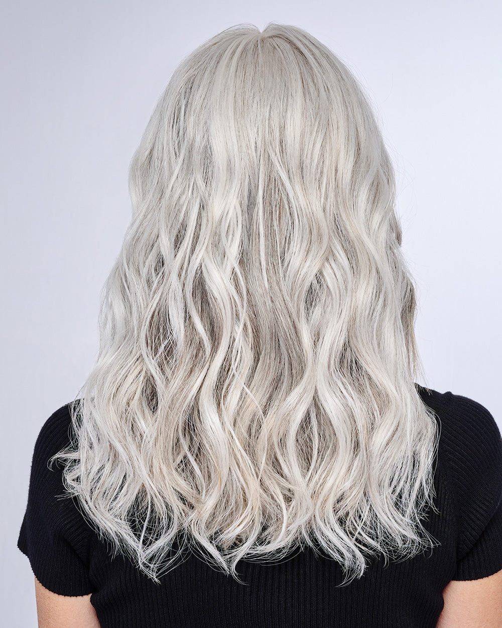 16" AU NATUREL WAVES TOPPER in color R56/60 SILVER MIST | Lightest Gray with 20% Medium Brown Evenly Blended with Pure White