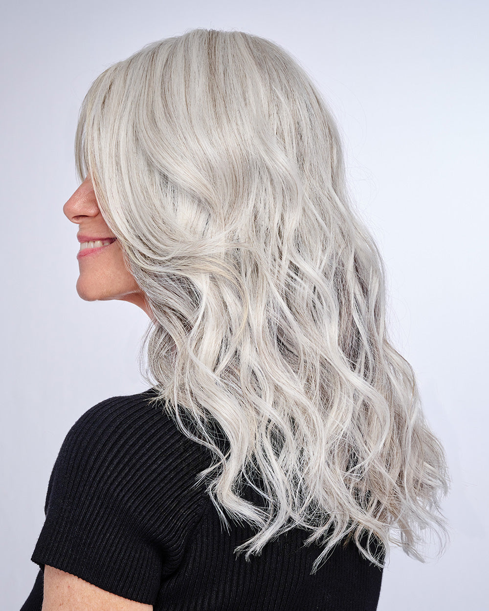 16" AU NATUREL WAVES TOPPER in color R56/60 SILVER MIST | Lightest Gray with 20% Medium Brown Evenly Blended with Pure White